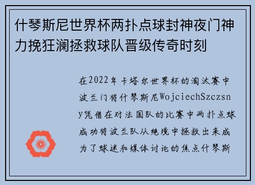 什琴斯尼世界杯两扑点球封神夜门神力挽狂澜拯救球队晋级传奇时刻